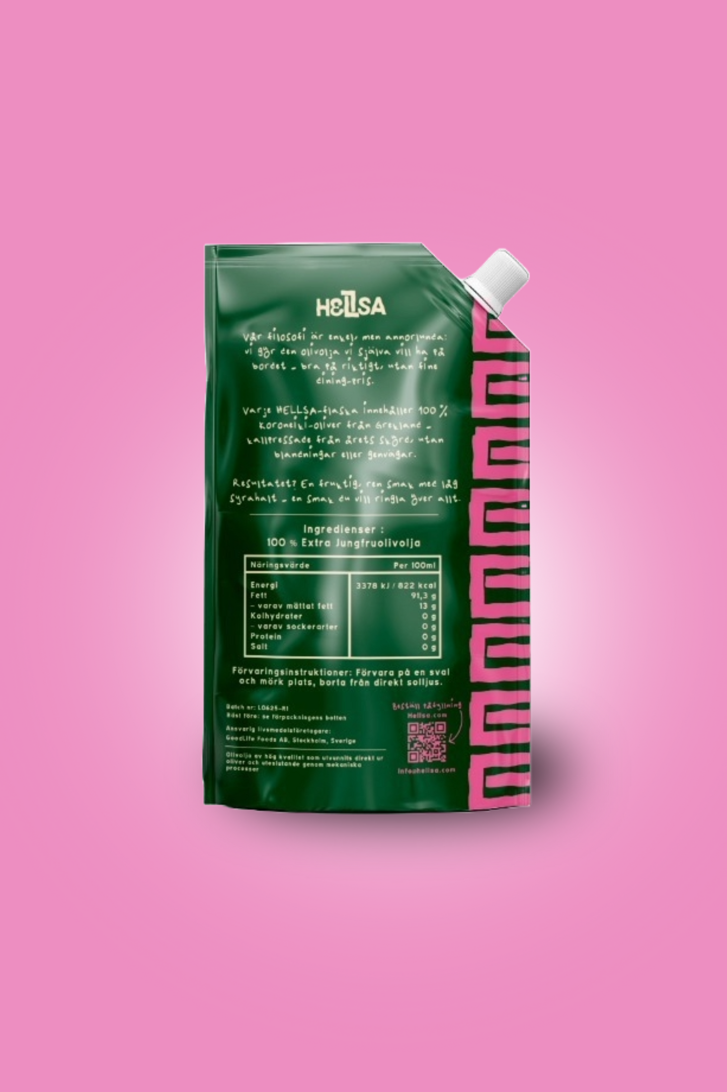 Baksida refillpåse HELLSA extra jungfruolivolja information
